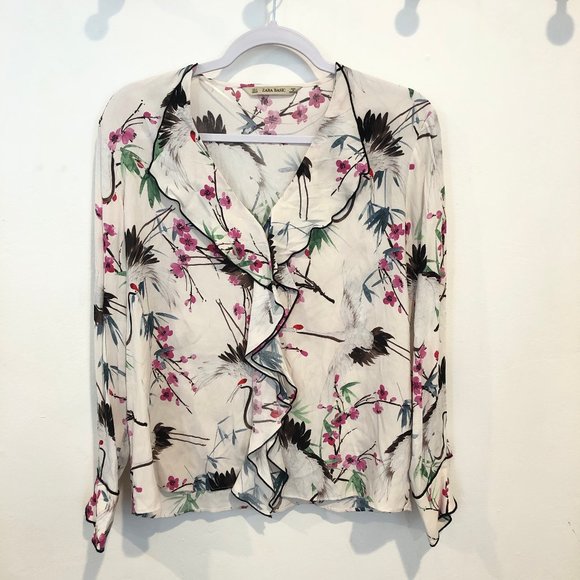 Zara Tops - Zara Bird Crane Blossom Floral Ruffle Blouse Top S
